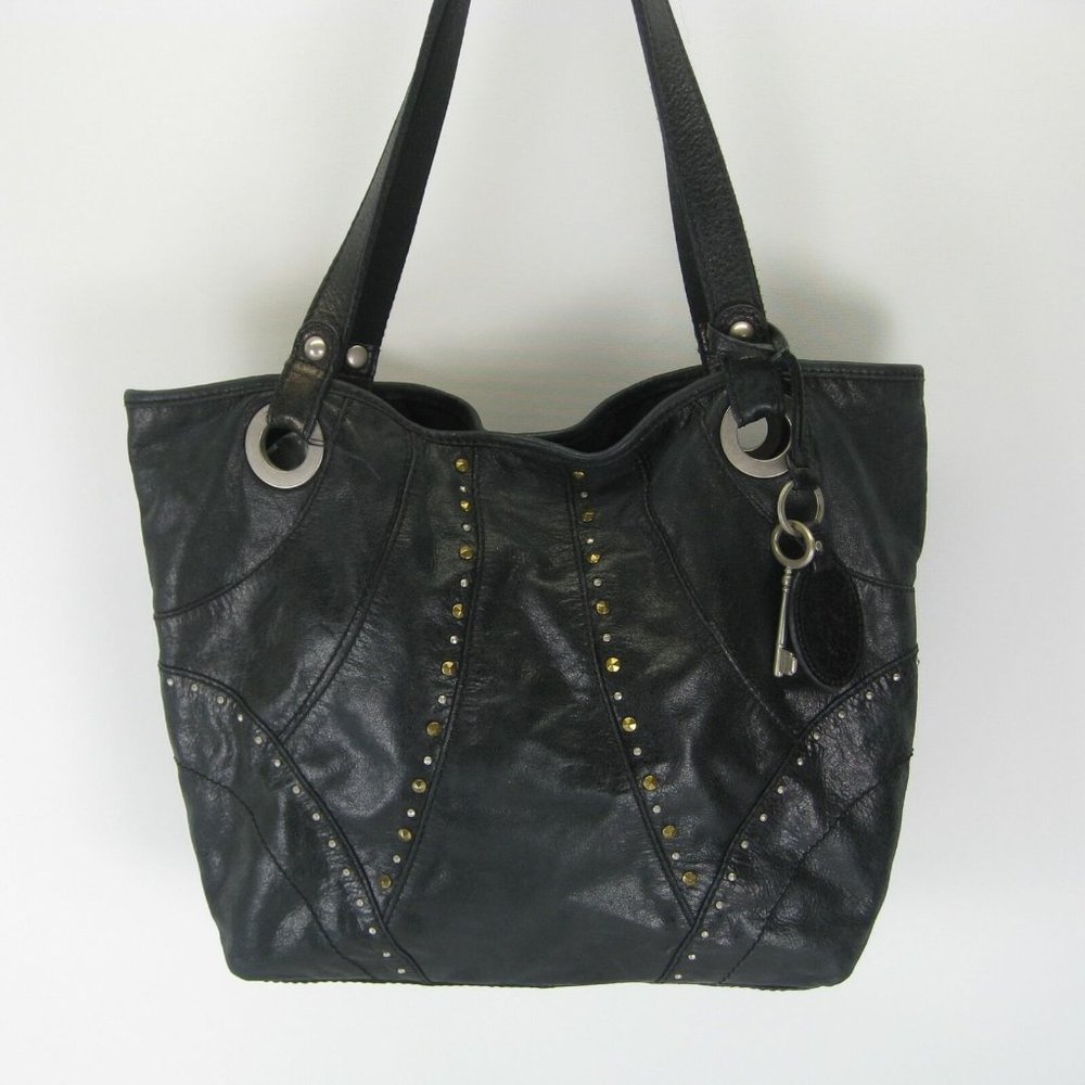 ❤ Fossil Black Studded leather Hathaway Long Live Vintage 1954 large hobo bag ❤
